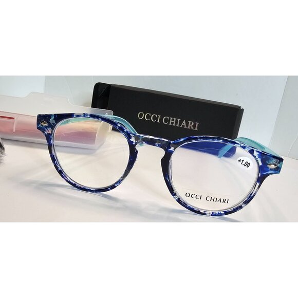 Occi Chiari Blue Reading Glasses +1.00 Power Unisex Round Design Marble Style - Picture 1 of 8